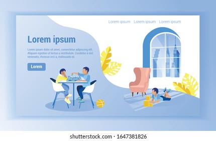 Boys at Table Play Chess. Boy Puts Cubes on Floor. Print Image and Text. Room with Blue Interior. Children Spending Time Together. Vector Illustration. Children in Nursery. Monitor Screen.