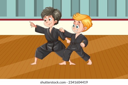 Boys at taekwondo fight illustration