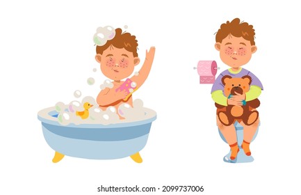 Niños bañándose y sentados en el inodoro. Dibujo vectorial de rutina para niños
