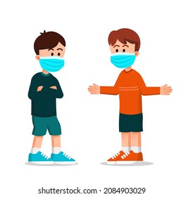 Boys are talking and each of them is wearing a mask