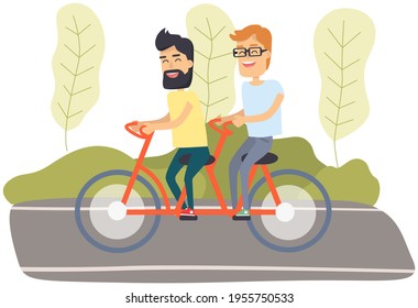 Boys in tandem pedal. Happy male characters spend free time on street against background of forest