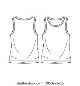 Boys Tank Top fashion flat sketch template. Young Men Sleeveless top Technical Fashion Illustration. Binding Detail at neck and armholes