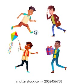 Boys Teenagers Running Sport Activity Set Vector. Teens Playing Soccer Game And Play With Kite, Running With Present On Birthday And Late To School. Characters Flat Cartoon Illustrations