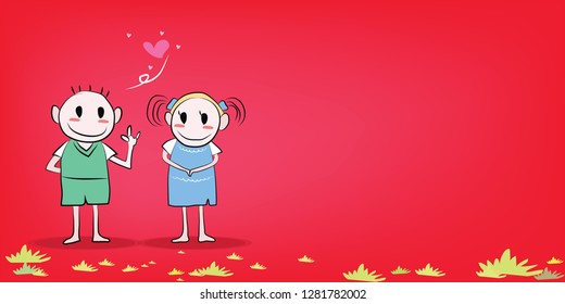 Boys are telling girls love.
Cartoon boy who is in love.
Red background on the day of love.
Love in teens and school age.

