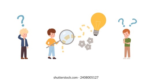Boys thinking and search for solution and answer. Children looking for idea. Kids with question marks, magnifying glass and lightbulb. Isolated flat vector illustrations.