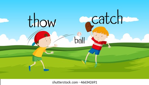 Boys throwing and catching ball in the field illustration