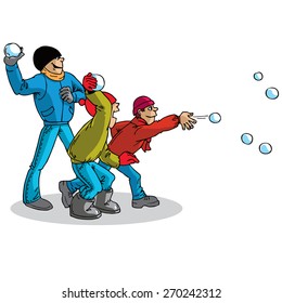 Boys throwing snowballs. Three young men. Vector.