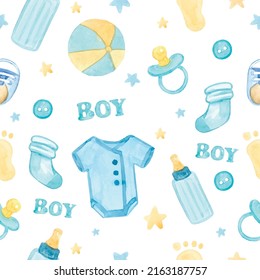 Boy's toys watercolor pattern. Blue and brown colors. Vector illustration