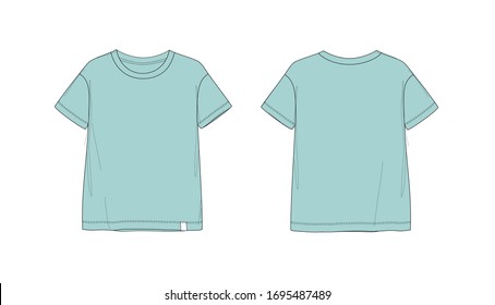 Boy's T-Shirt-Design in minzter Farbe mit kurzen Ärmel, Crew-Hals und Etikett zu Hause, flache Skizze, Vorder- und Rückseite