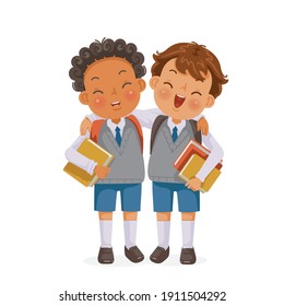 Boys in uniform and friend. Boys' school. Close friends hug each other's shoulders. Best friend's friendship moment. 