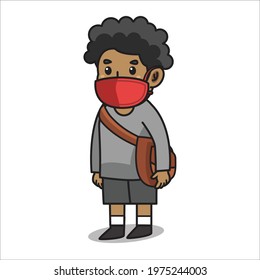 Boys using sling bag and gray dress after school ,stay and waiting something.using mask and healthy protocol.Vector character illustration.