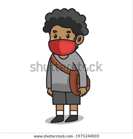Boys using sling bag and gray dress after school ,stay and waiting something.using mask and healthy protocol.Vector character illustration.