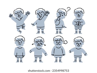  Diversas expresiones faciales del niño, conjunto de ilustraciones de poses