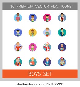 Boys vector icon set. Schoolboy, fitness man, male graduate. Male character concept. Can be used for topics like education, hobby, lifestyle, activity