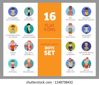 Boys vector icon set. Schoolboy, fitness man, male graduate. Male character concept. Can be used for topics like education, hobby, lifestyle, activity