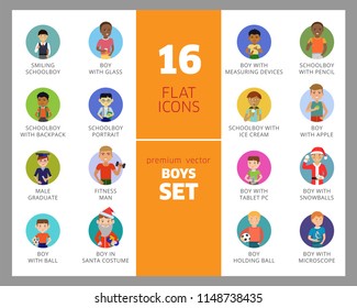 Boys vector icon set. Schoolboy, fitness man, male graduate. Male character concept. Can be used for topics like education, hobby, lifestyle, activity