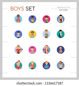 Boys vector icon set. Schoolboy, fitness man, male graduate. Male character concept. Can be used for topics like education, hobby, lifestyle, activity
