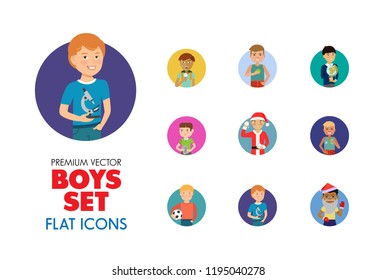 Boys vector icon set. Schoolboy, fitness man, male graduate. Male character concept. Can be used for topics like education, hobby, lifestyle, activity
