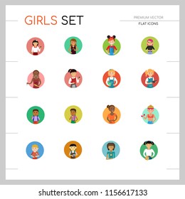 Boys vector icon set. Schoolgirl, vegan, graduate, girl with tablet. Female character concept. Can be used for topics like education, hobby, lifestyle, activity