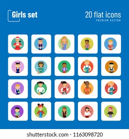 Boys vector icon set. Schoolgirl, vegan, graduate, girl with tablet. Female character concept. Can be used for topics like education, hobby, lifestyle, activity