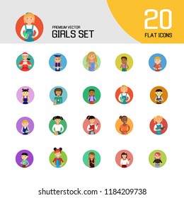 Boys vector icon set. Schoolgirl, vegan, graduate, girl with tablet. Female character concept. Can be used for topics like education, hobby, lifestyle, activity