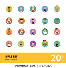 Boys vector icon set. Schoolgirl, vegan, graduate, girl with tablet. Female character concept. Can be used for topics like education, hobby, lifestyle, activity