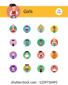 Boys vector icon set. Schoolgirl, vegan, graduate, girl with tablet. Female character concept. Can be used for topics like education, hobby, lifestyle, activity