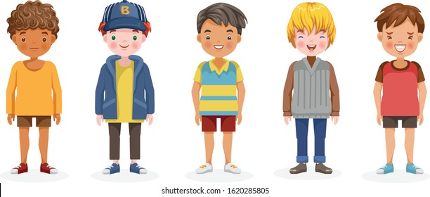 Boys vector set of kids. Children of five characters. Cute cartoon different and various ethnicities. Fashion and hairstyles of children. Kid poses and emotions. Different full body. 