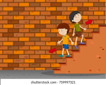 Boys Walking Up And Down The Stairs Illustration