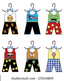 Boys wardrobe tops and trousers with elements rocking horse, air balloon, pug, bones, mustache and hipsters glasses, tie bow,  lion, lion feet marks, plane 