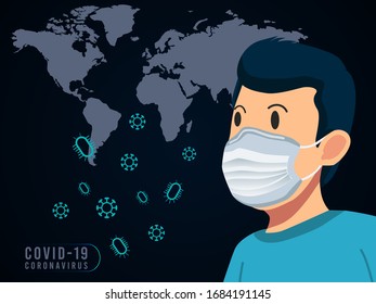 boys wear masks with corona virus background and world map