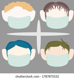 boys wearing medical masks to prevent disease, flu, air pollution, contaminated air, world pollution. Vector illustration in a flat style. set illustration