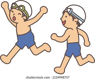 Boys wearing swimsuits, swimming caps, swimming goggles, and running happily