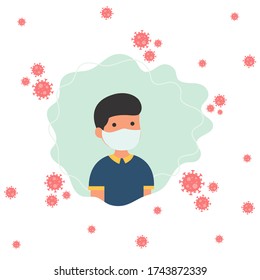 boys who are wearing face masks to avoid the corona virus. flat design illustration. can be used for design elements, Web Landing Pages, Banners, Flyers, Stickers, Posters, and other needs.