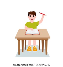 Boys are writing, kids doing homework,  Cartoon cute little boy in red shirt Siting on the desk. The concept of learning age. Vector illustrations isolated on white background. eps 10