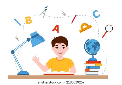 Boys are writing, kids doing homework, maths at home. Cartoon cute little boy in red shirt Siting on the desk. The concept of learning age. Vector illustrations isolated on white background. eps 10