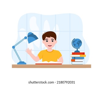 Boys are writing, kids doing homework, maths at home. Cartoon cute little boy in red shirt Siting on the desk. The concept of learning age. Vector illustrations isolated on white background. eps 10