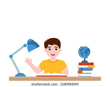 Boys are writing, kids doing homework, maths at home. Cartoon cute little boy in red shirt Siting on the desk. The concept of learning age. Vector illustrations isolated on white background. eps 10