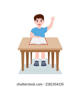 Boys are writing, kids doing homework, maths at home. Cartoon cute little boy in red shirt Siting on the desk. The concept of learning age. Vector illustrations isolated on white background. eps 10