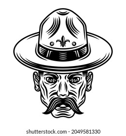 Boyscout-Männer auf Hut mit Schnurrbart, Vektorgrafik auf einfarbigem Vintage-Stil einzeln auf weißem Hintergrund