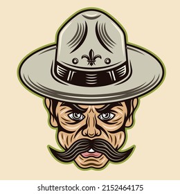 Boyscout men in hat with mustache vector illustration in colorful cartoon style isolated on light background