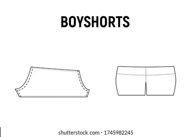 Boyshorts panties for woman. Underwear vector pattern for tailor. Technical design illustration and sketch.