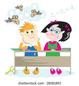 Boy-slob "gapes" and "flies to cloud", but diligent girl solves examples and looks with reproach