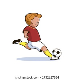 A boy-soccer player kicks the ball in a jump. Vector illustration in cartoon style, black and white line art
