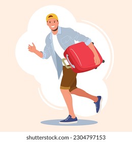 Boy-tourist running with a suitcase, a young man going on a trip on summer vacation Cartoon Vector illustration