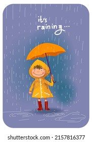 Boy,young girl  in raincoats and rubber boots holding yellow umbrella under the rain.Cartoon vector illustration character.