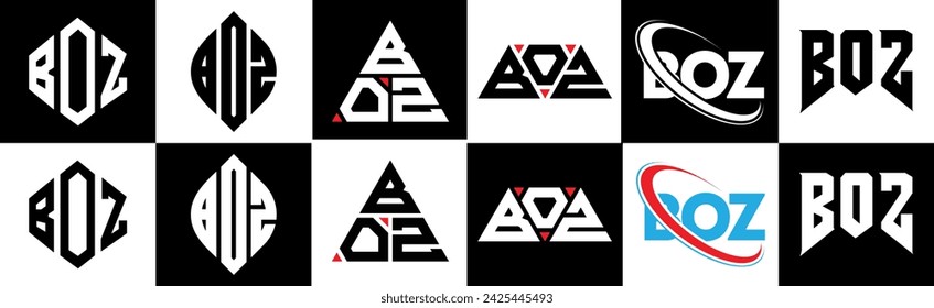 BOZ letter logo design in six style. BOZ polygon, circle, triangle, hexagon, flat and simple style with black and white color variation letter logo set in one artboard. BOZ minimalist and classic logo