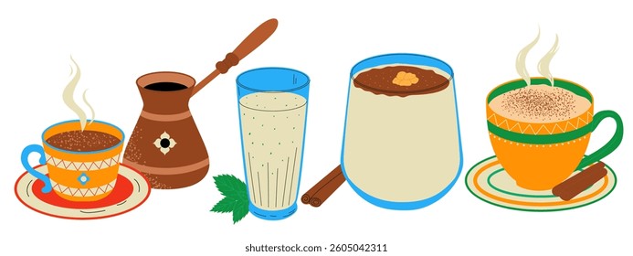 Boza, salep, coffee, ayran. Set of traditional turkish drinks. Hand drawn vector illustration