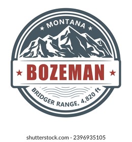 Bozeman, ski resort stamp, Utah bridger range emblem with snow covered mountains, vector