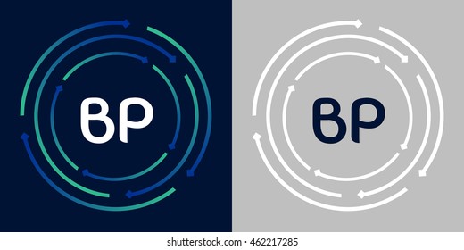 BP design template elements in abstract background logo, design identity in circle, letters business logo icon, blue/green alphabet letters, simplicity graphics